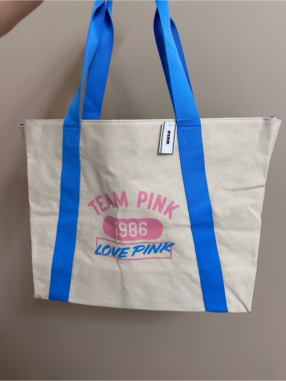 NWT Team Pink Canvas Tote Bag with Blue Straps